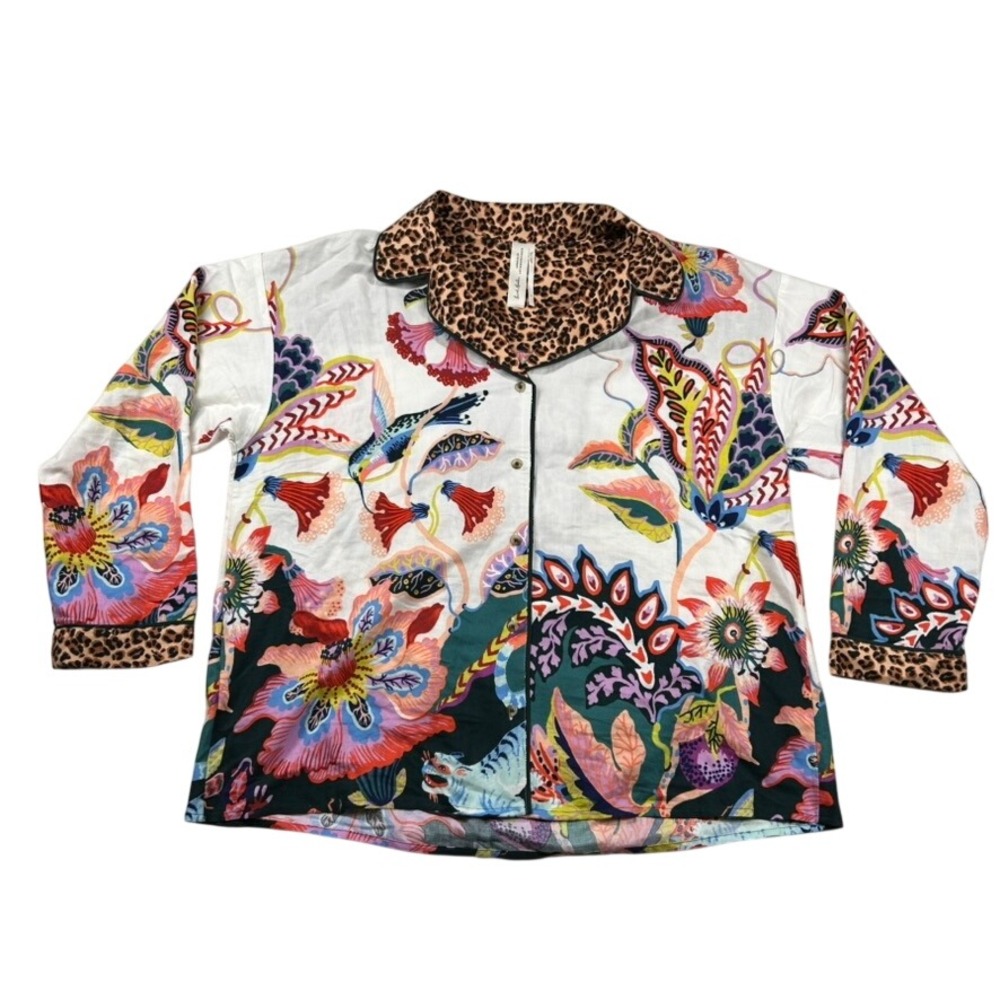 Sarah Gordon Anthropologie Pajama Top Womens L Floral Tiger Leopard Modal Button
